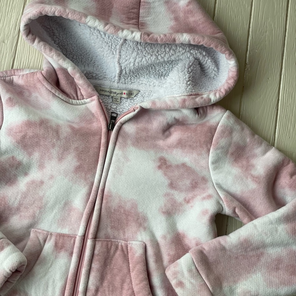 Girls Pink Marbled Sherpa-like Lined Hoodie Jacket Size 7 8 - Picture 3 of 9